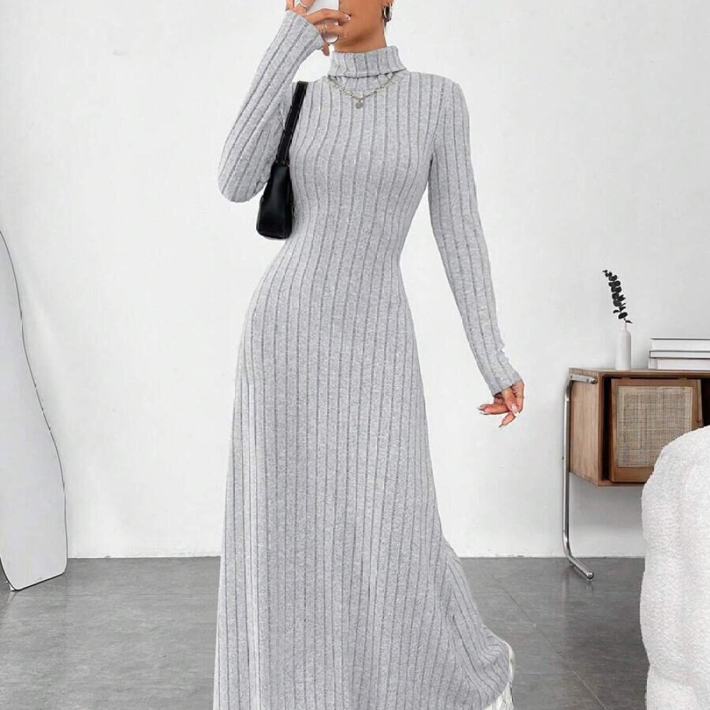 Bodycon Long Sleeve Ribbed Dress - Элегантное осеннее платье с высоким воротником