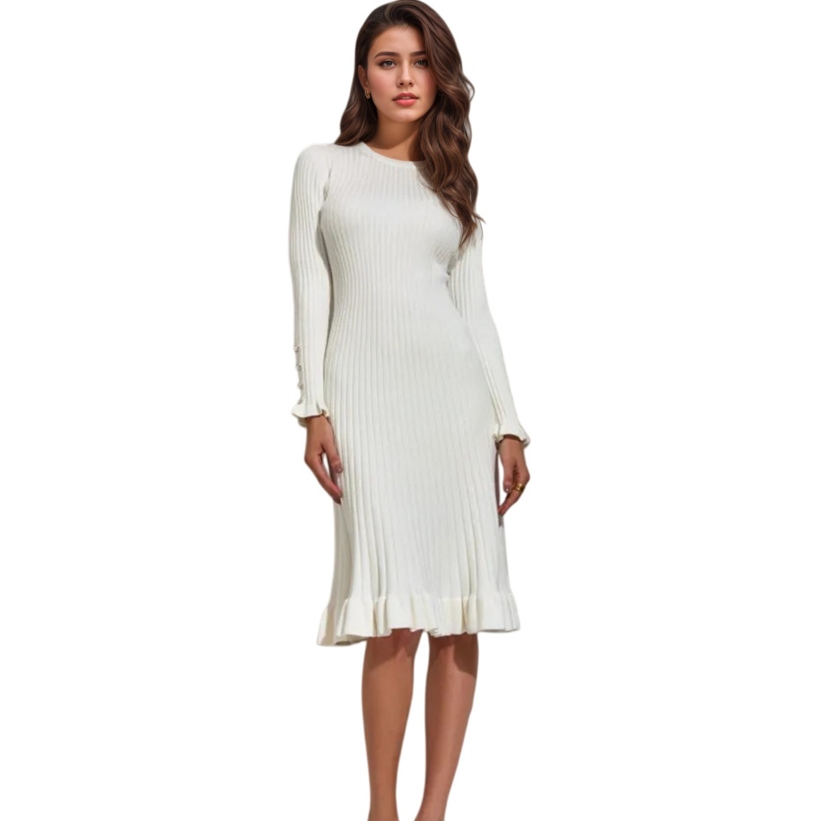 Bodycon Long Sleeve Ribbed Dress - Женское облегающее платье в рубчик с