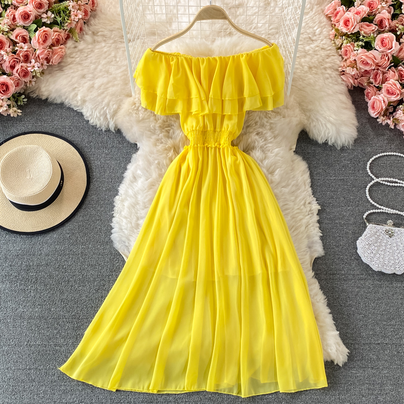 Off Shoulder Puff Sleeve Sundress - Желтое однотонное женское пляжное платье для