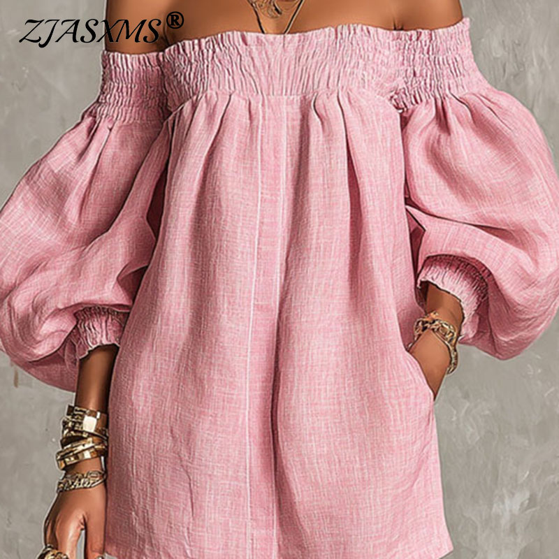 Off Shoulder Puff Sleeve Sundress - Женское однотонное новое платье с открытыми