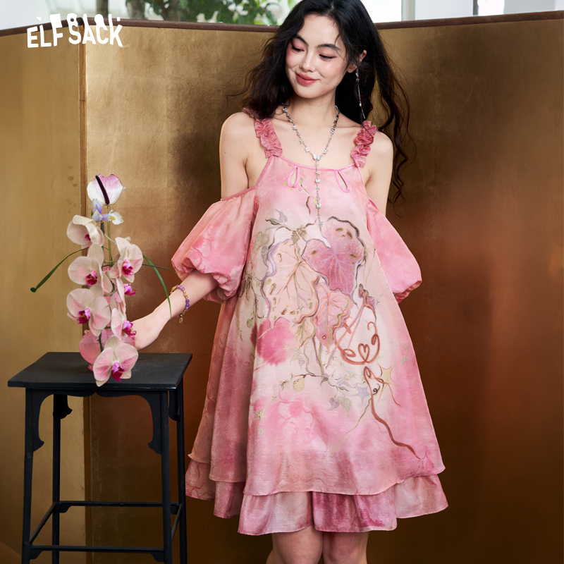 Off Shoulder Puff Sleeve Sundress - Женское шифоновое платье ELFSACK с жаккардовым