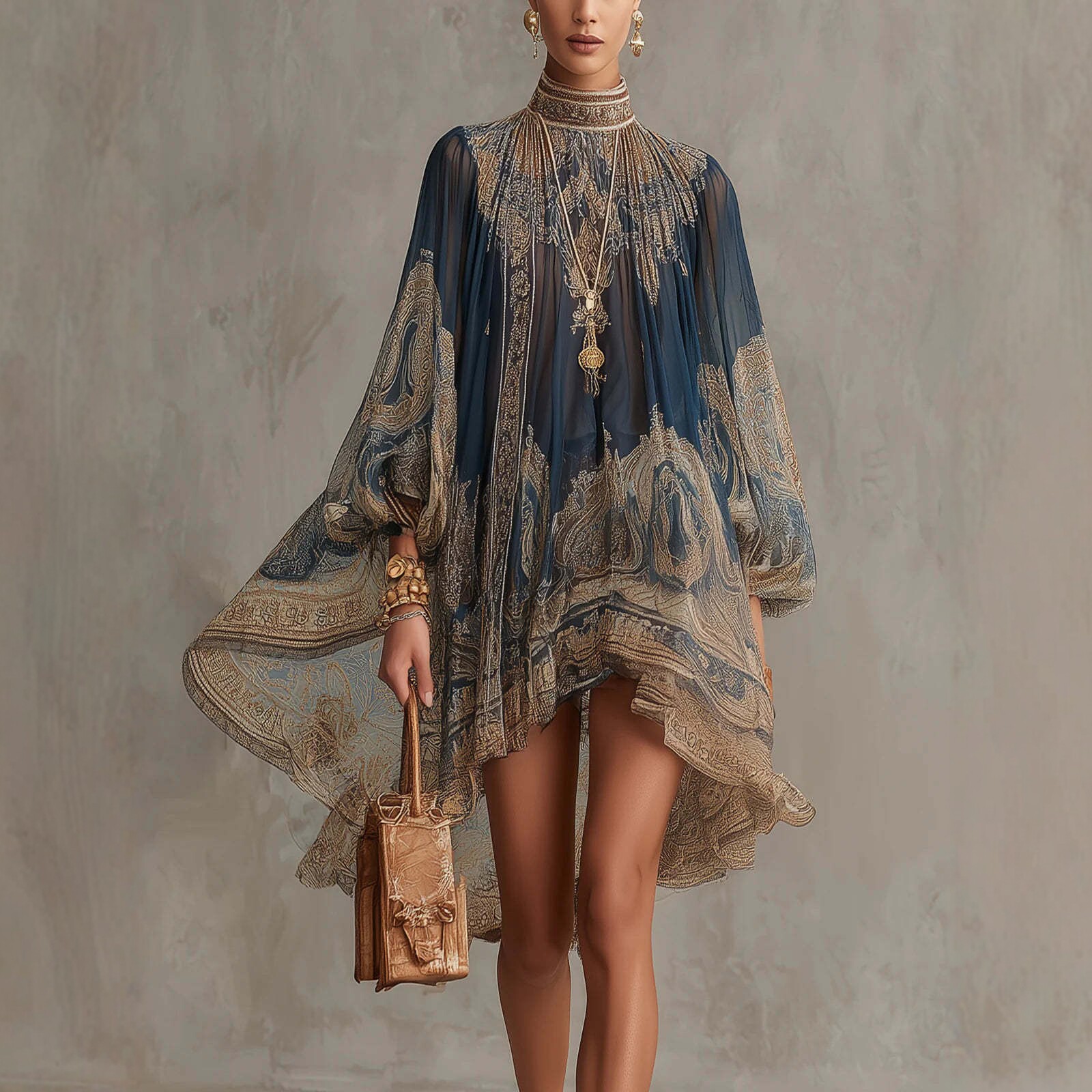 French Vintage Floral Midi Dress - Новое платье из шифона с высоким