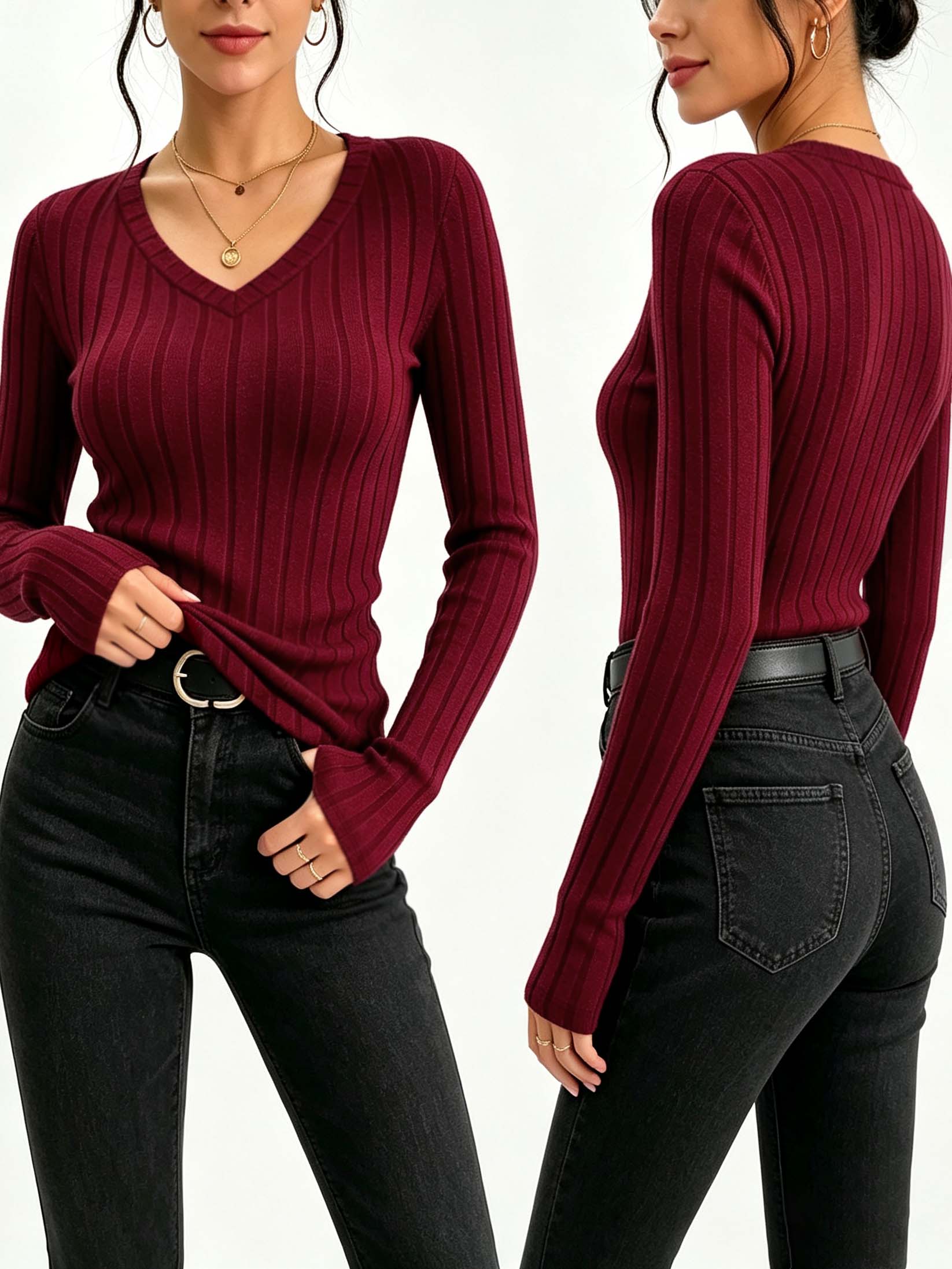 Blouses - Женская однотонная трикотажная футболка с V-образным