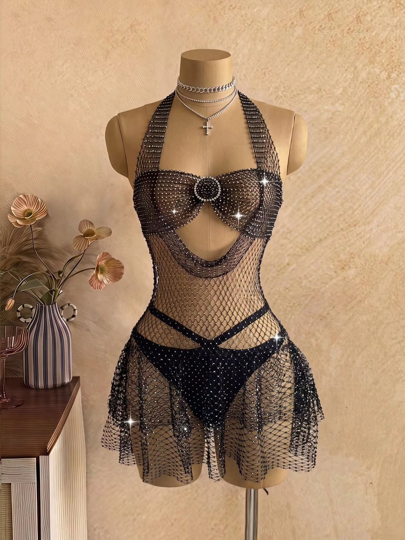 Sparkly Rhinestone Club Party Dress - Черное платье-халтер из сетчатой ткани с