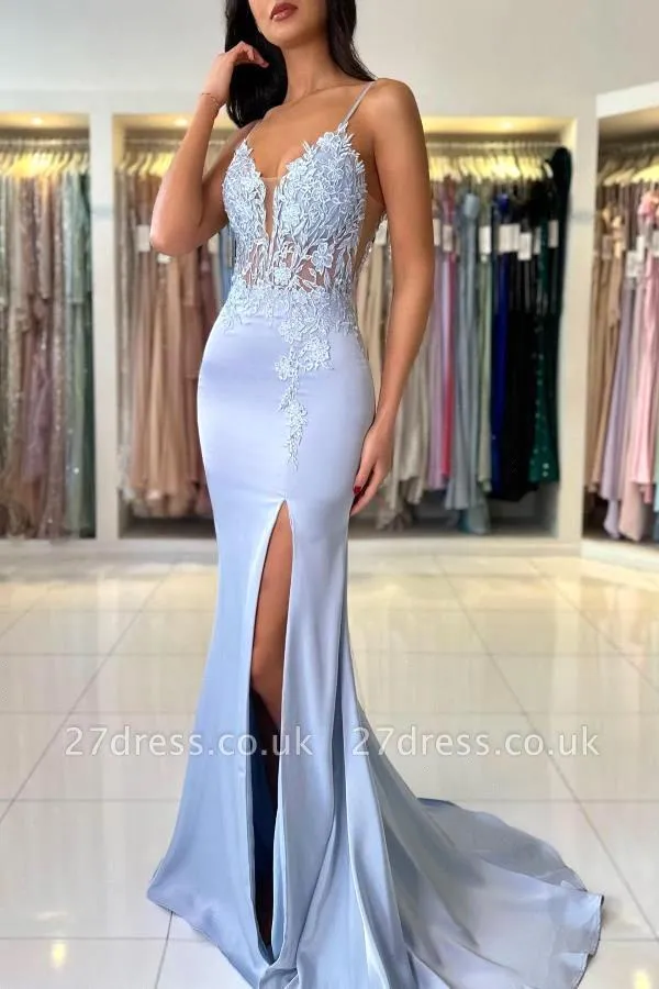 Elegant Satin Evening Gown Split - Элегантное светло-голубое платье-русалка для выпускного вечера,