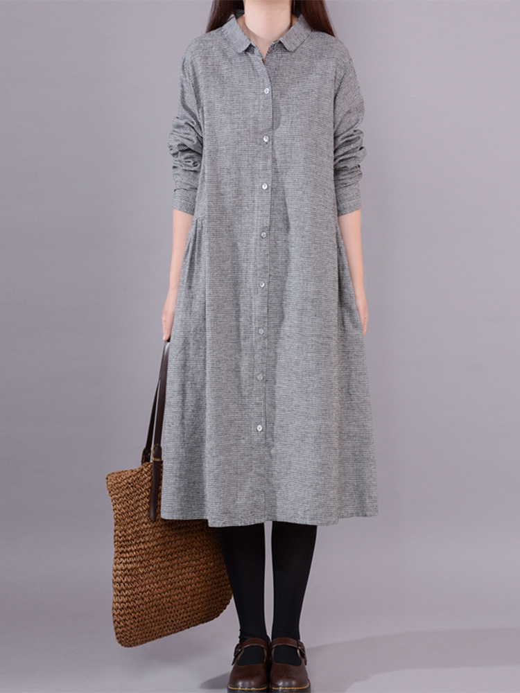 Korean Style A Line Shirt Dress - Женское хлопково-льняное платье-рубашка в клетку с
