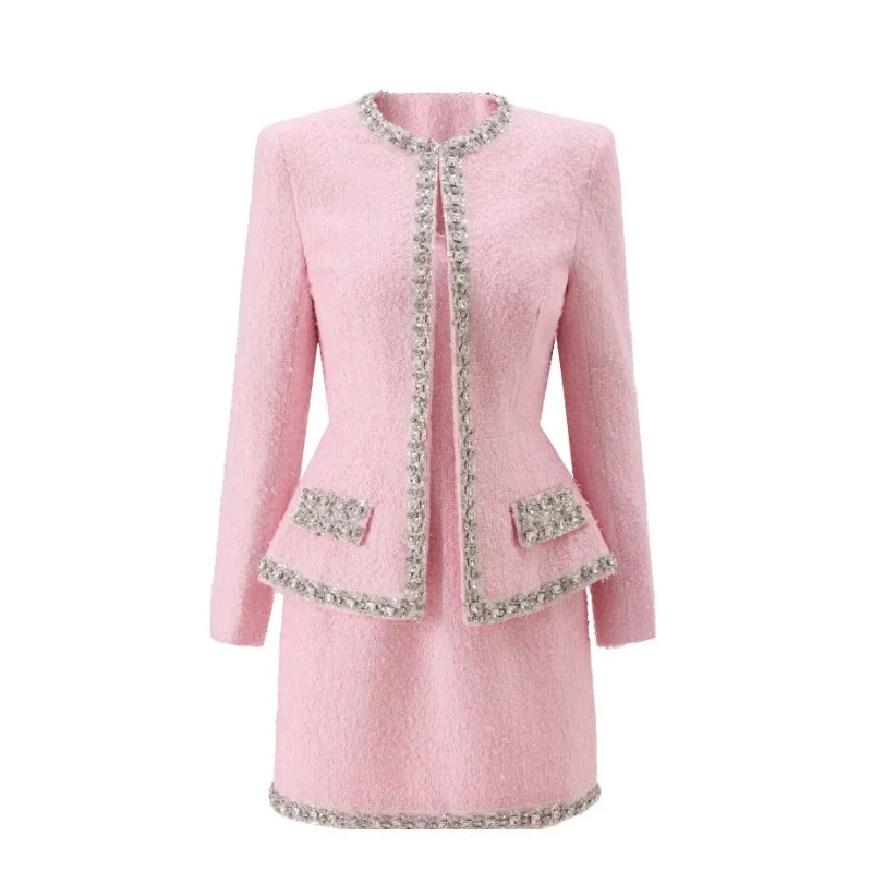 Tweed Two Piece Blazer Dress - Премиальный розовый твидовый женский комплект из
