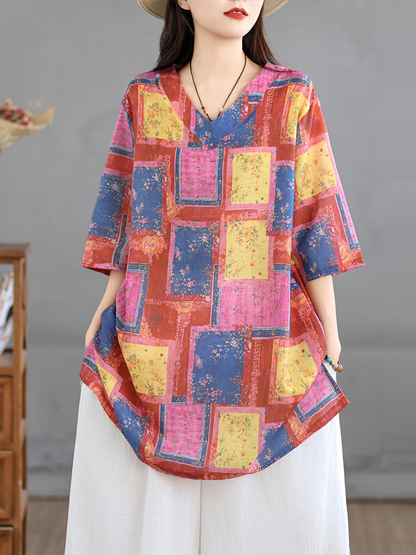 Casual Loose Linen Shirt Dress - Повседневное льняное платье-рубашка с принтом, винтажное,