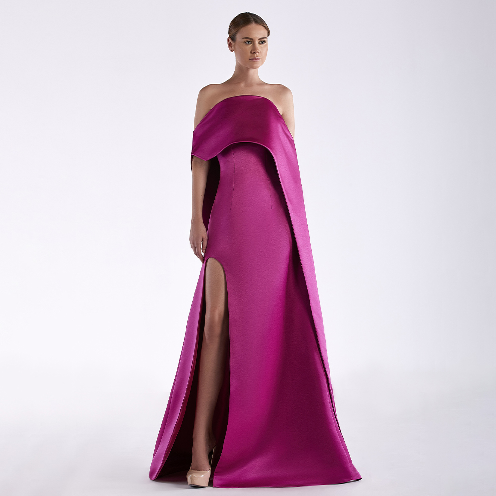Elegant Satin Evening Gown Split - Фуксия атласное вечернее платье без бретелек