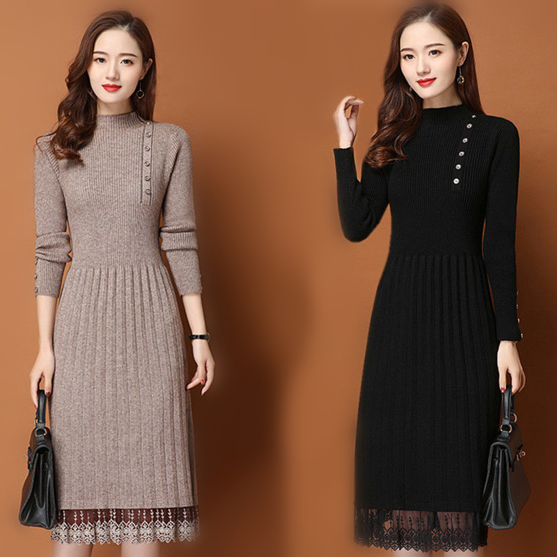Bodycon Long Sleeve Ribbed Dress - Платье женское трикотажное, с кружевным подолом,