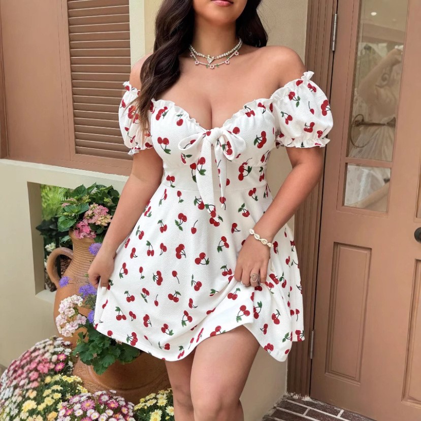 Off Shoulder Puff Sleeve Sundress - Летнее женское платье с цветочным принтом,
