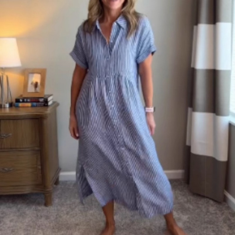 Casual Loose Linen Shirt Dress - Женское платье-рубашка в полоску, летнее, свободного