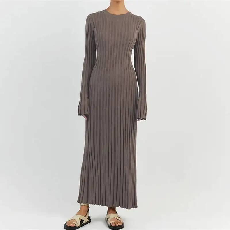 Bodycon Long Sleeve Ribbed Dress - Женское элегантное трикотажное платье макси в