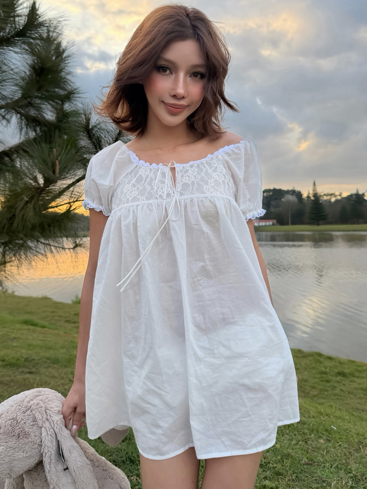 Белое кружевное мини-платье-бэ – обзор и цена Off Shoulder Puff Sleeve Sundress