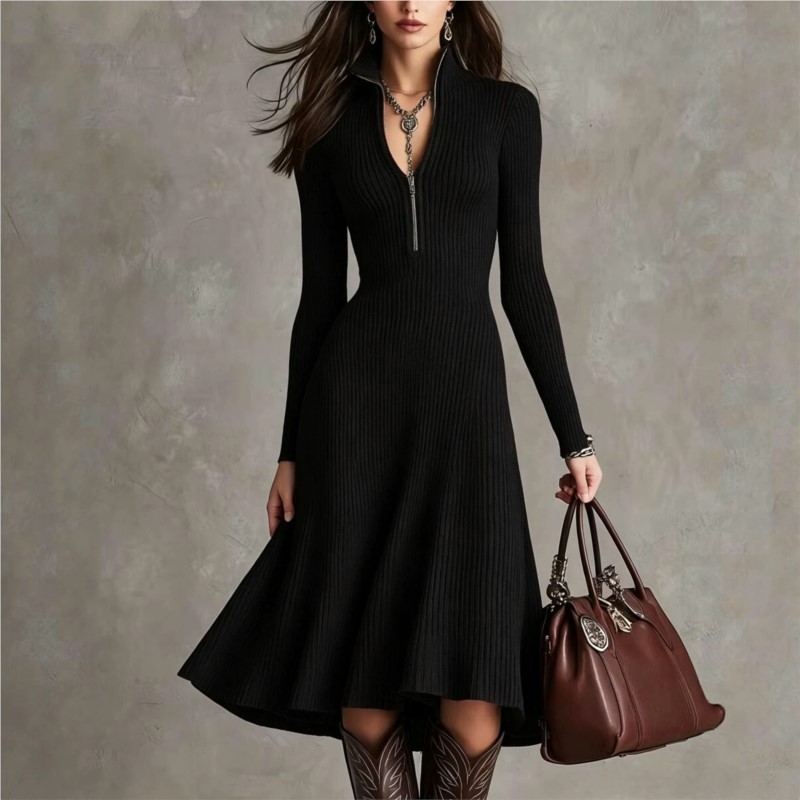 Женское трикотажное платье мид – обзор и цена Bodycon Long Sleeve Ribbed Dress