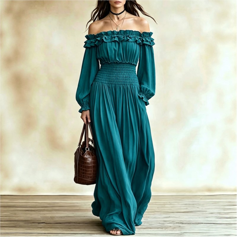 Модные макси-платья с открытым – обзор и цена Off Shoulder Puff Sleeve Sundress