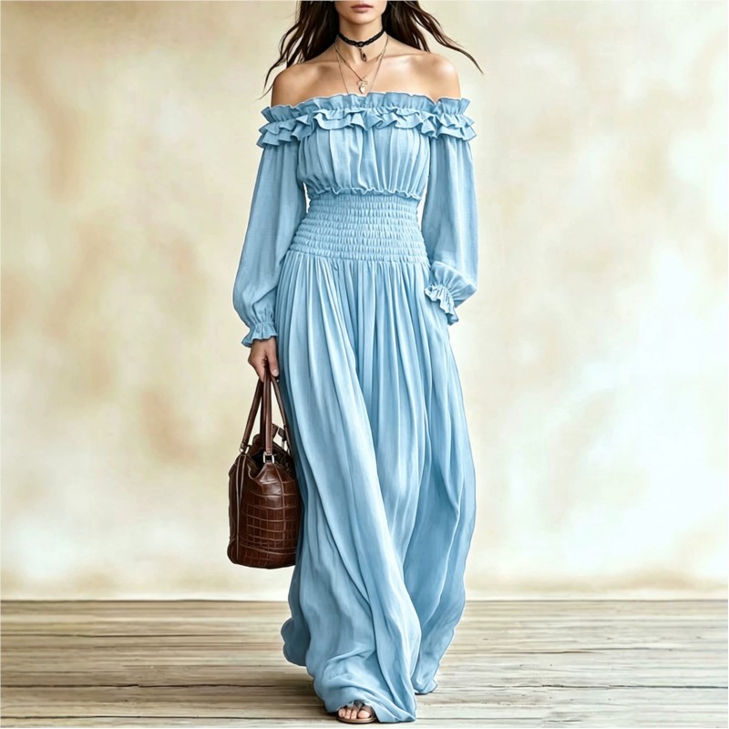 Модные макси-платья с открытым – обзор и цена Off Shoulder Puff Sleeve Sundress