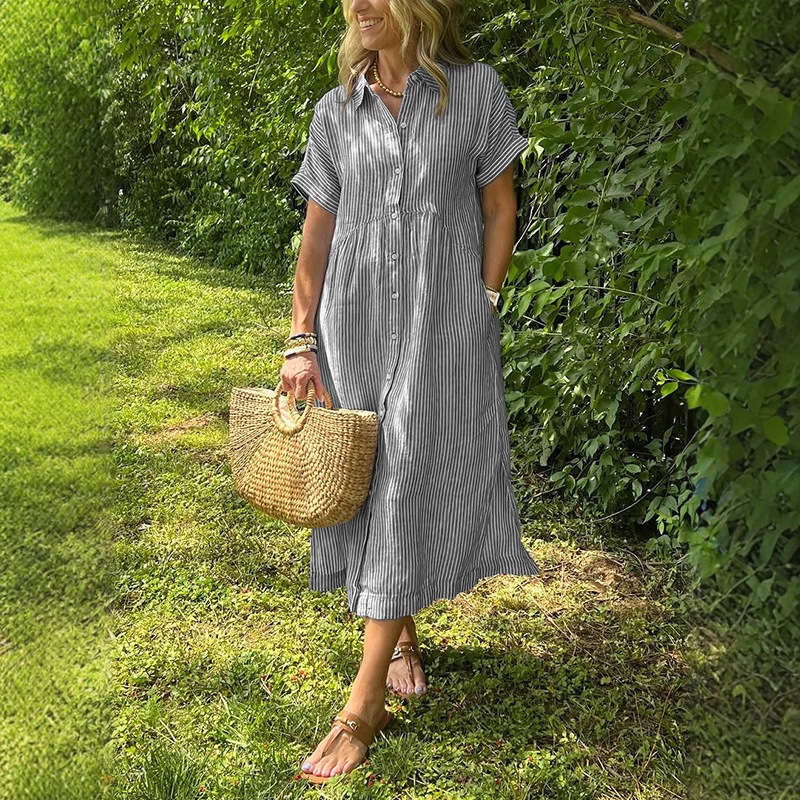 Женское платье-рубашка в полос – обзор и цена Casual Loose Linen Shirt Dress